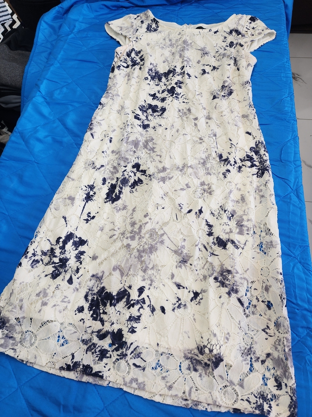 Chetta B White Lace Dress with Navy and Gray Floral Print